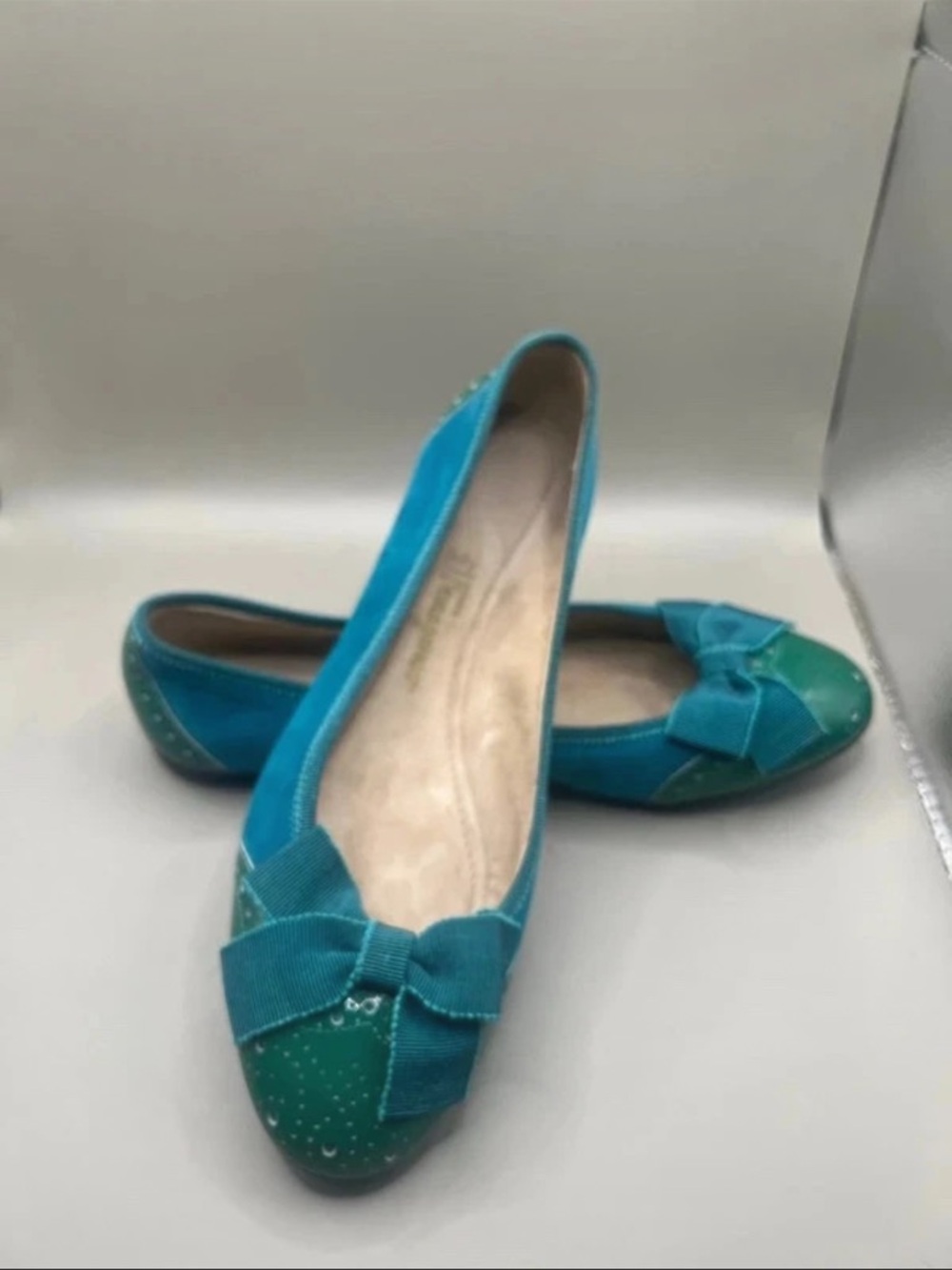Salvatore Ferragamo Teal and Green Bow Ballet Flats